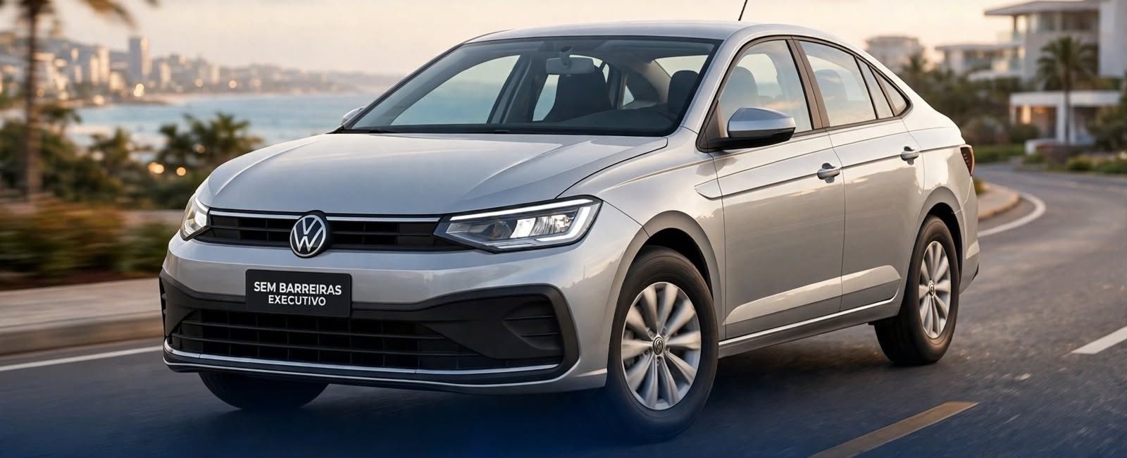 VW Virtus prata da Sem Barreiras Executivo em estrada à beira-mar