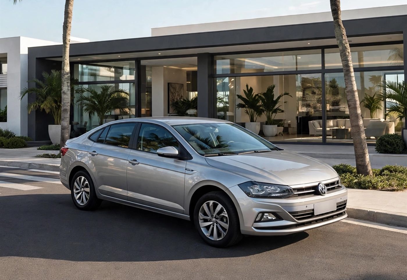 VW Virtus prata estacionado em frente a uma casa moderna